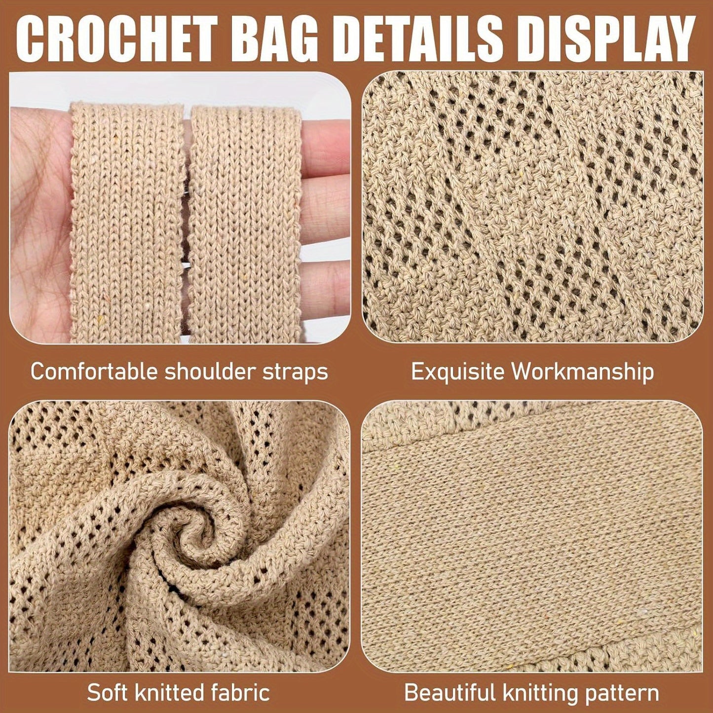 Women'S Crochet Tote Bag - Large Aesthetic Handbag with Pink Bow & Floral Pattern, Nylon Shoulder Bag with Adjustable Strap, White with Blue Accents, Casual Chic Style, Casual Chic Bag | Trendy Handbag | Adjustable Strap Bag