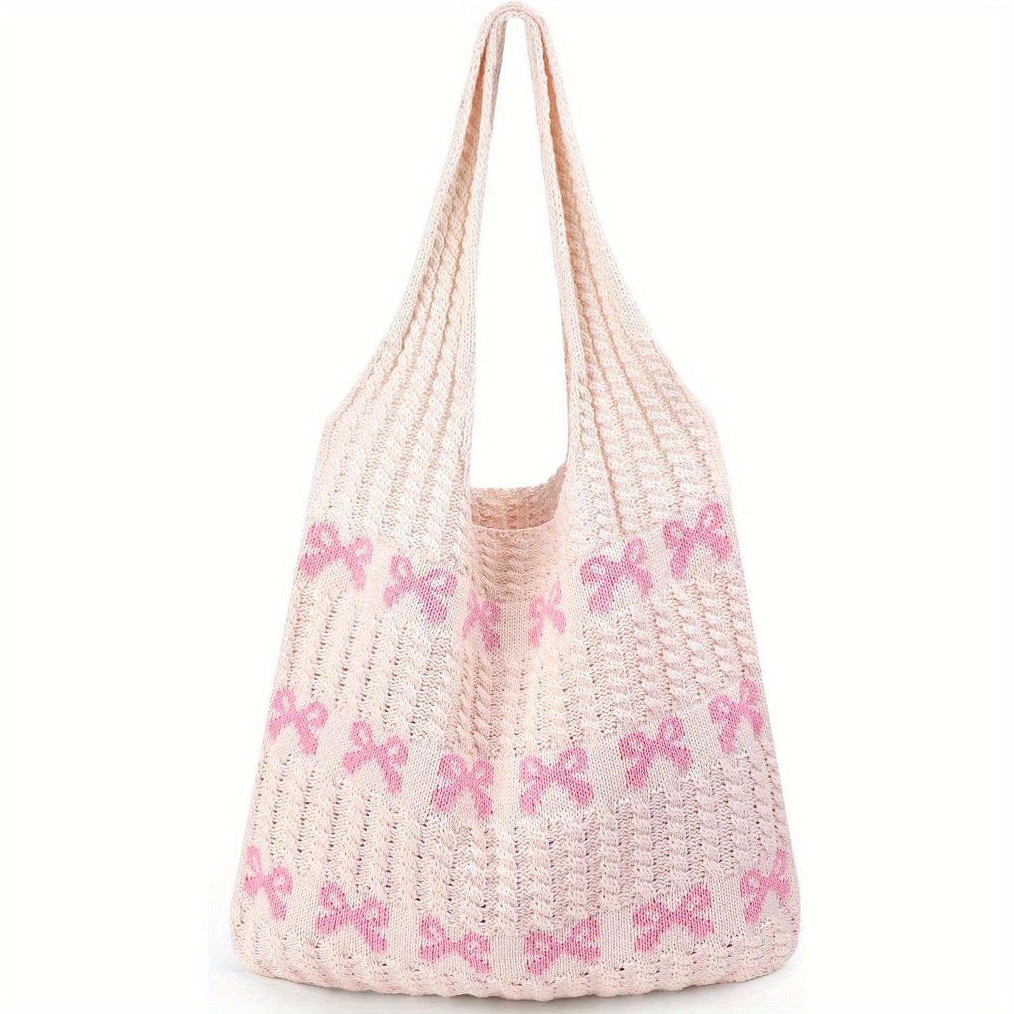 Women'S Crochet Tote Bag - Large Aesthetic Handbag with Pink Bow & Floral Pattern, Nylon Shoulder Bag with Adjustable Strap, White with Blue Accents, Casual Chic Style, Casual Chic Bag | Trendy Handbag | Adjustable Strap Bag