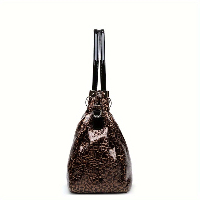 Leather Purses Handbags Genuine Leather, Luxury Designer, Brown Big Tote Bag For Women, Top Layer Cowhide Shoulder Large Bag, Crocodile Pattern Soft Leather, Women'S Bag Large Capacity Bright Leather, Premium Work Commute Handbag, European American