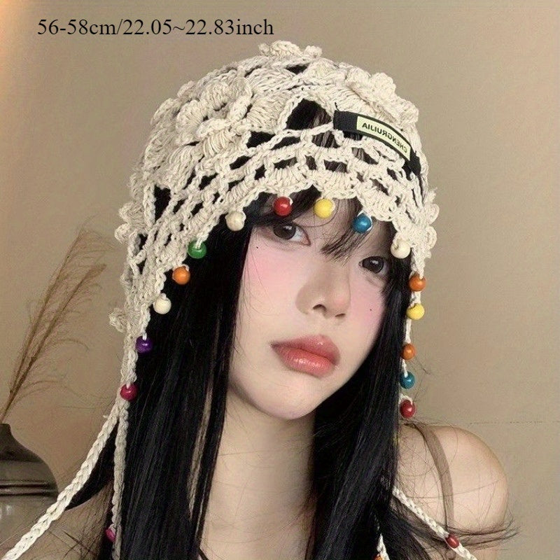 Handmade Bohemian Flower Tassel Headscarf Hat for Women - Ethnic Retro Snug Fit Non-Stretch Cap with Beaded Accents, Casual Festival Outdoor Accessory