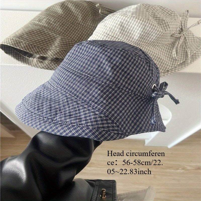 Sweet Navy Blue Plaid Big Brim Hat Ladies Summer Bucket Hat Bow Pot Hat