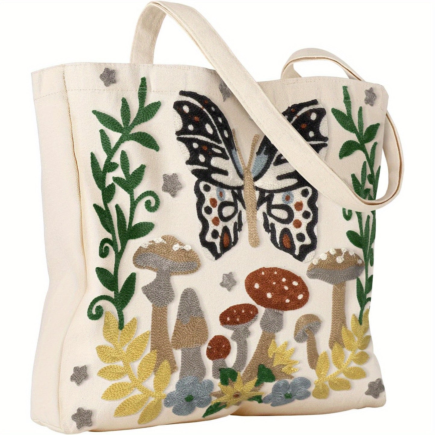 Women's Tote Bag - Whimsical Mushroom & Butterfly Design, Reusable High-Quality White Shoulder Bag with Sturdy Handles for Shopping, Work, Grocery, Books, Work Carryall