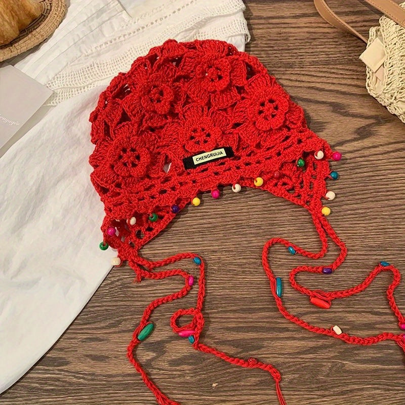 Handmade Bohemian Flower Tassel Headscarf Hat for Women - Ethnic Retro Snug Fit Non-Stretch Cap with Beaded Accents, Casual Festival Outdoor Accessory