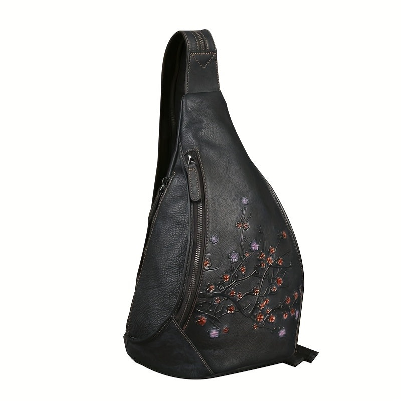 Unisex Retro Genuine Genuine Leather Shoulder Bag with Adjustable Strap - Embossed Animal Print Crossbody Chest Bag, Zipper Closure & Polyester Lining, Black Urban Style for Men & Women