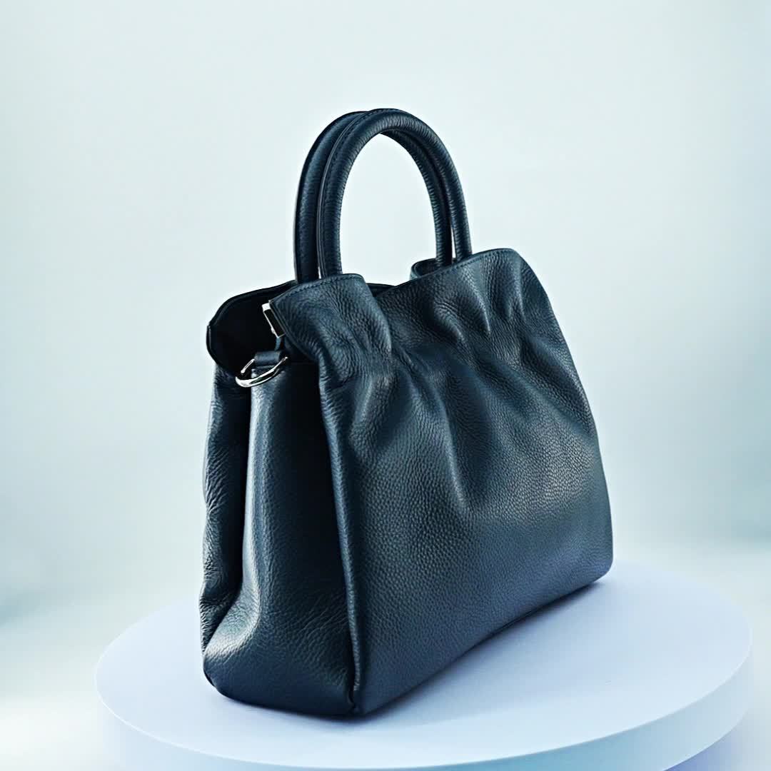 Women's Genuine Leather Tote Bag - Elegant Convertible Crossbody & Shoulder Purse with Secure Zipper Closure, Beige Navy Blue, for Everyday, Office, Formal Events - Women's Elegant Handbag, Polyester Lined Interior