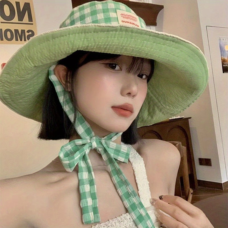 Grid Wide Edge Lace Up Fisherman Hat for Women Summer Big Brim Face Enhancing Small Sun Hat Hat Basin Hat