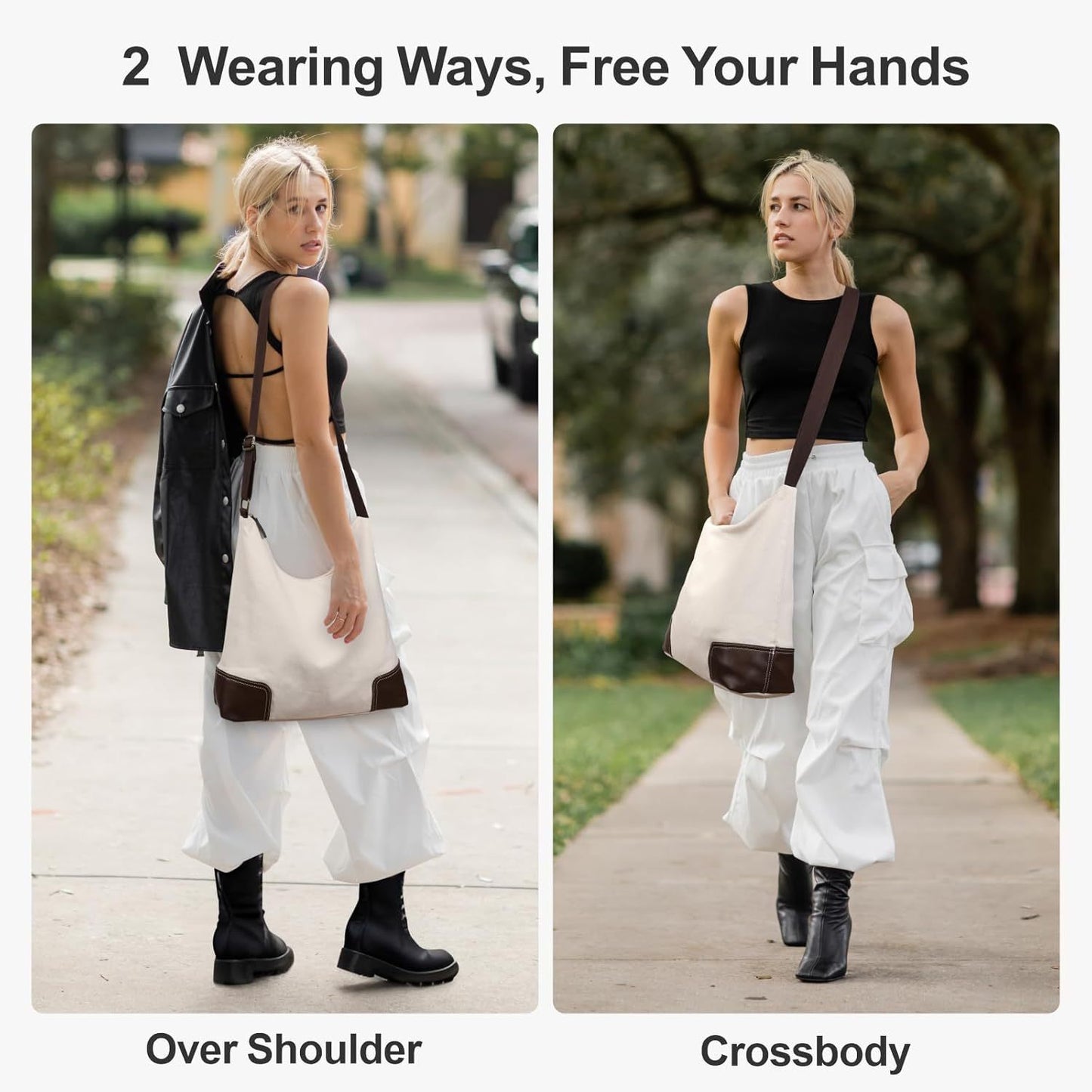 Women's Large Nylon Crossbody Tote Hobo Bag with Zipper Closure & 5 Pockets - White & Black Striped Design, Adjustable Shoulder Strap, Snap Button Closure, Wrist Strap for Work, Travel, Everyday Use, Crossbody Purse, Sturdy Construction