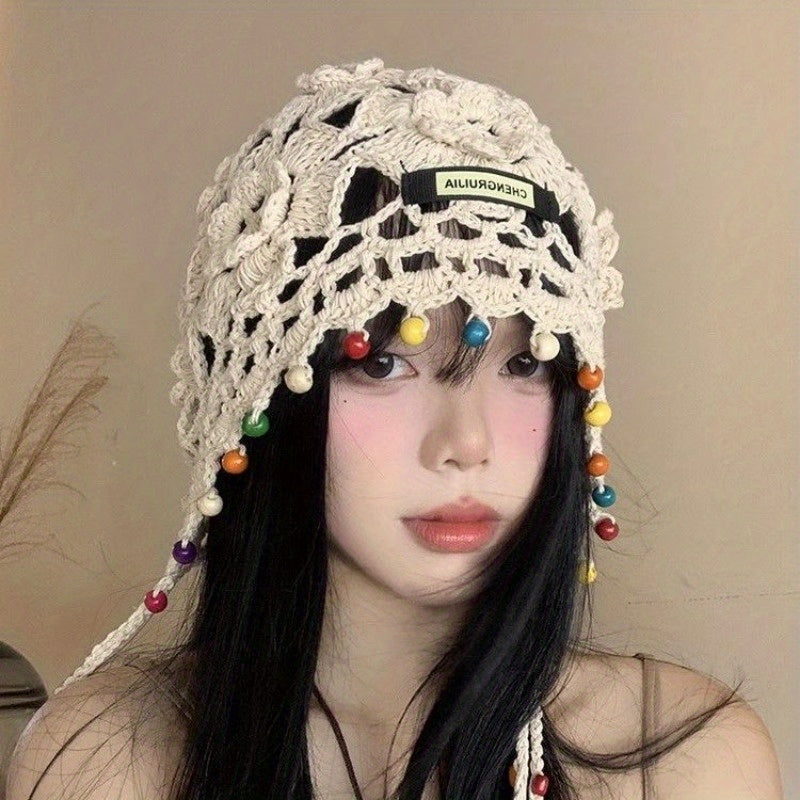 Handmade Bohemian Flower Tassel Headscarf Hat for Women - Ethnic Retro Snug Fit Non-Stretch Cap with Beaded Accents, Casual Festival Outdoor Accessory
