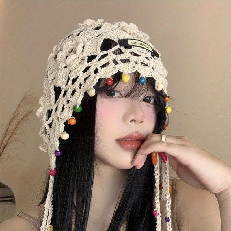 Handmade Bohemian Flower Tassel Headscarf Hat for Women - Ethnic Retro Snug Fit Non-Stretch Cap with Beaded Accents, Casual Festival Outdoor Accessory