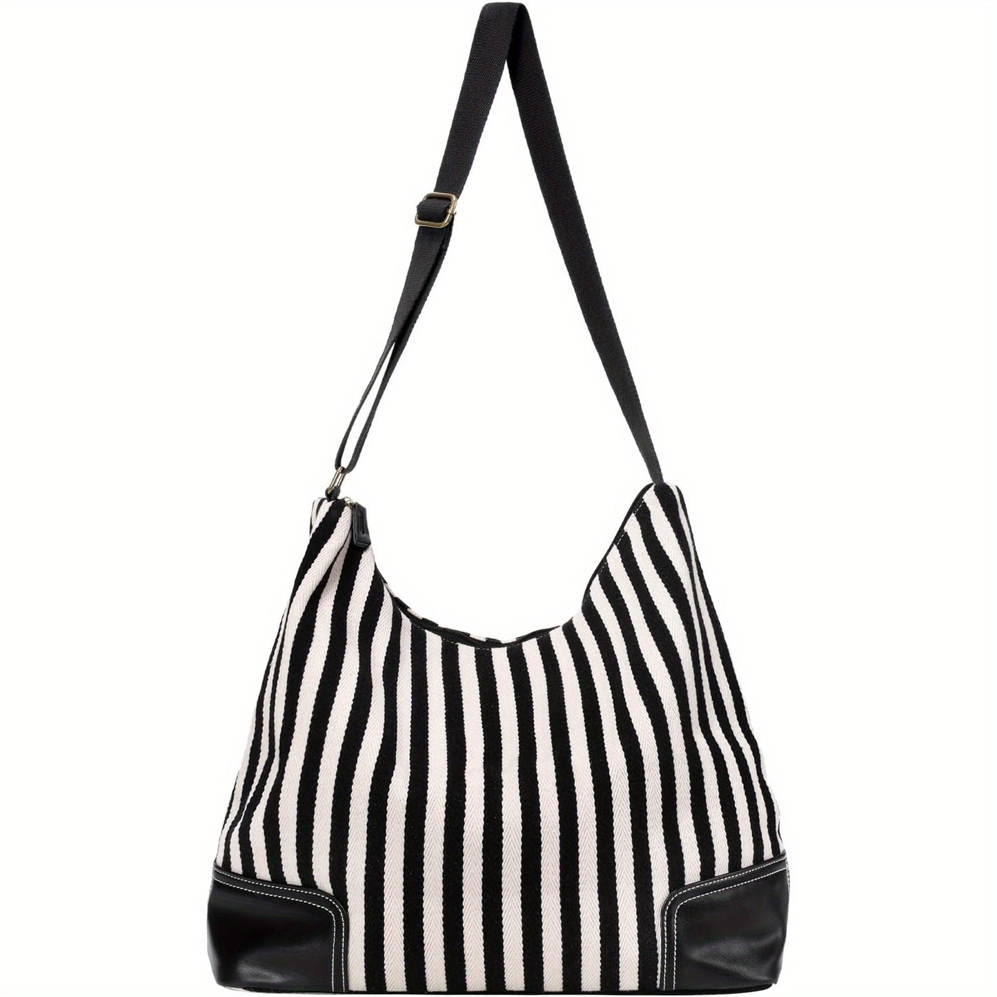Women's Large Nylon Crossbody Tote Hobo Bag with Zipper Closure & 5 Pockets - White & Black Striped Design, Adjustable Shoulder Strap, Snap Button Closure, Wrist Strap for Work, Travel, Everyday Use, Crossbody Purse, Sturdy Construction