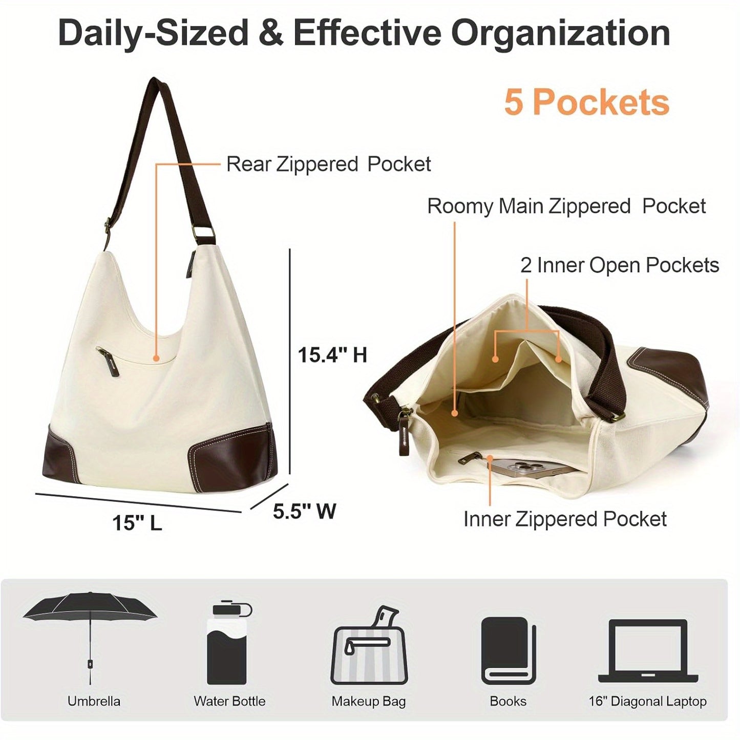 Women's Large Nylon Crossbody Tote Hobo Bag with Zipper Closure & 5 Pockets - White & Black Striped Design, Adjustable Shoulder Strap, Snap Button Closure, Wrist Strap for Work, Travel, Everyday Use, Crossbody Purse, Sturdy Construction