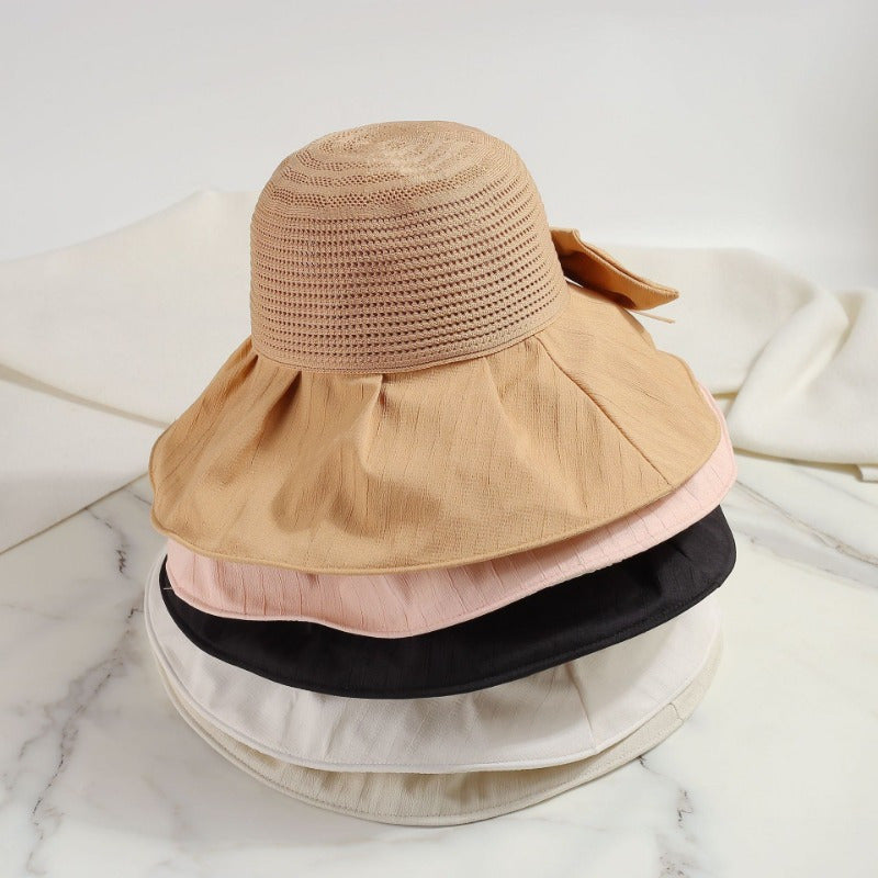 Breathable Large Brimmed Fisherman Hat Women'S Summer Bow Black Rubber Sunshade and Hat Travel Resistant Foldable Hat