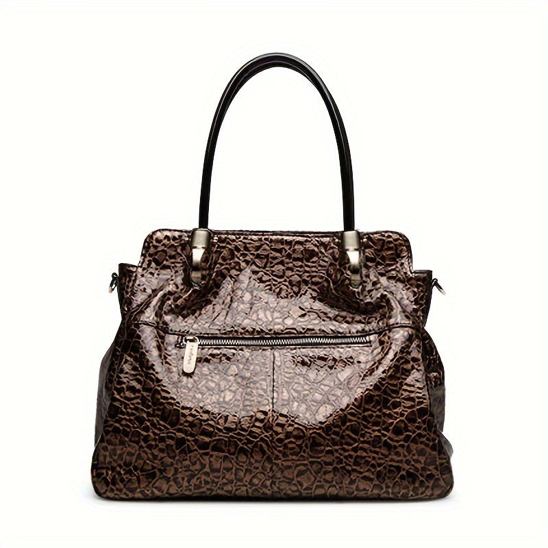 Leather Purses Handbags Genuine Leather, Luxury Designer, Brown Big Tote Bag For Women, Top Layer Cowhide Shoulder Large Bag, Crocodile Pattern Soft Leather, Women'S Bag Large Capacity Bright Leather, Premium Work Commute Handbag, European American