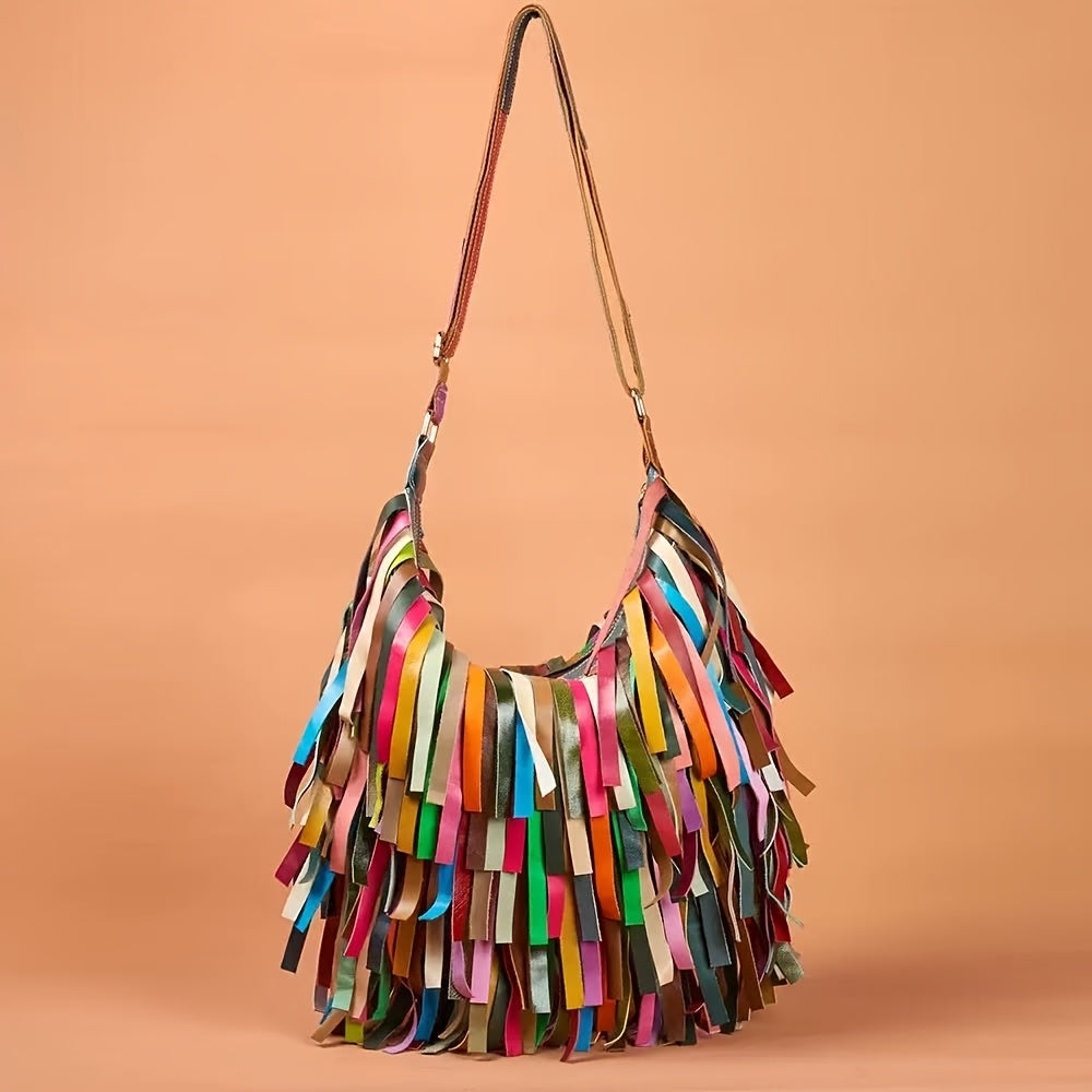 New Women'S Bag Genuine Leather Cowhide Bohemian Retro Fringed Color Contrast One Shoulder Large Capacity Cross Bag