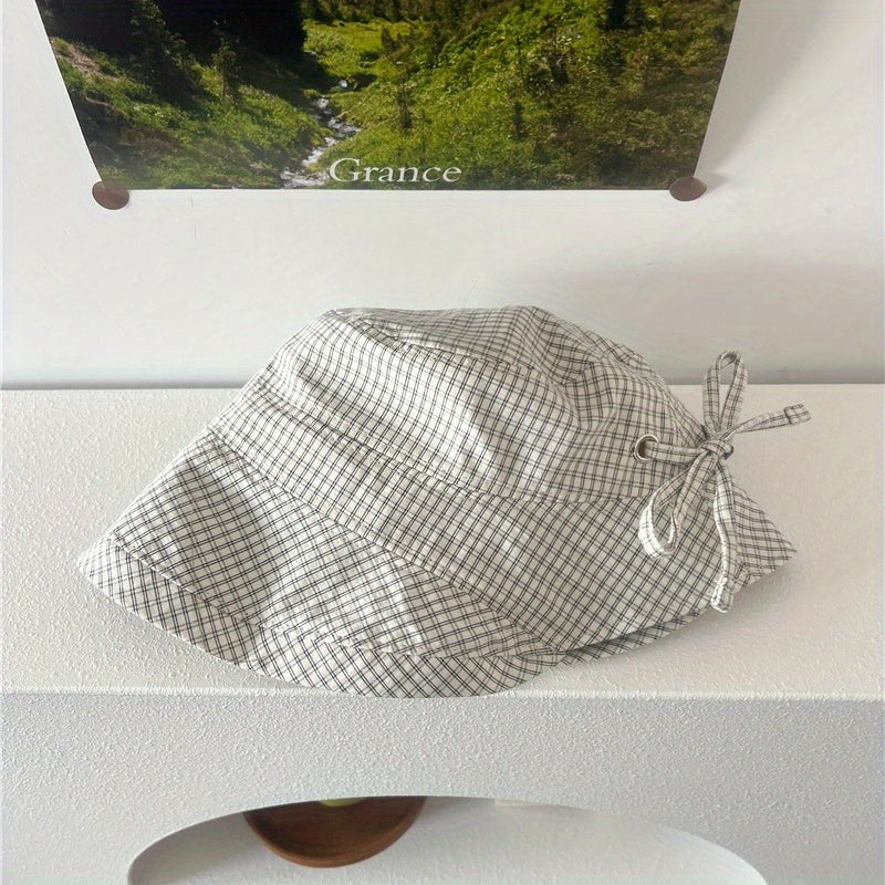 Sweet Navy Blue Plaid Big Brim Hat Ladies Summer Bucket Hat Bow Pot Hat