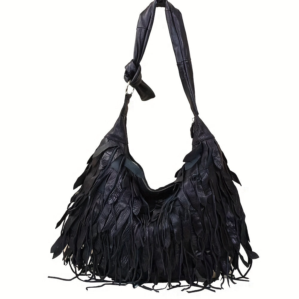 Cross-border Hot-selling Manufacturers Spot Leather Ladies Black Striped Tassels Personality Hobo Bag Shoulder Bag Sheepskin Women's Bag