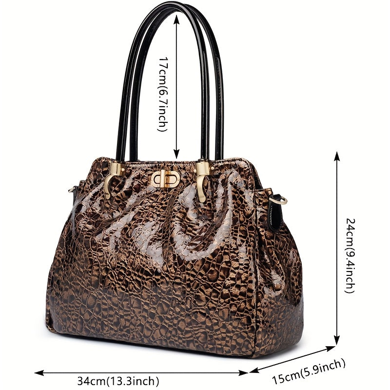 Leather Purses Handbags Genuine Leather, Luxury Designer, Brown Big Tote Bag For Women, Top Layer Cowhide Shoulder Large Bag, Crocodile Pattern Soft Leather, Women'S Bag Large Capacity Bright Leather, Premium Work Commute Handbag, European American