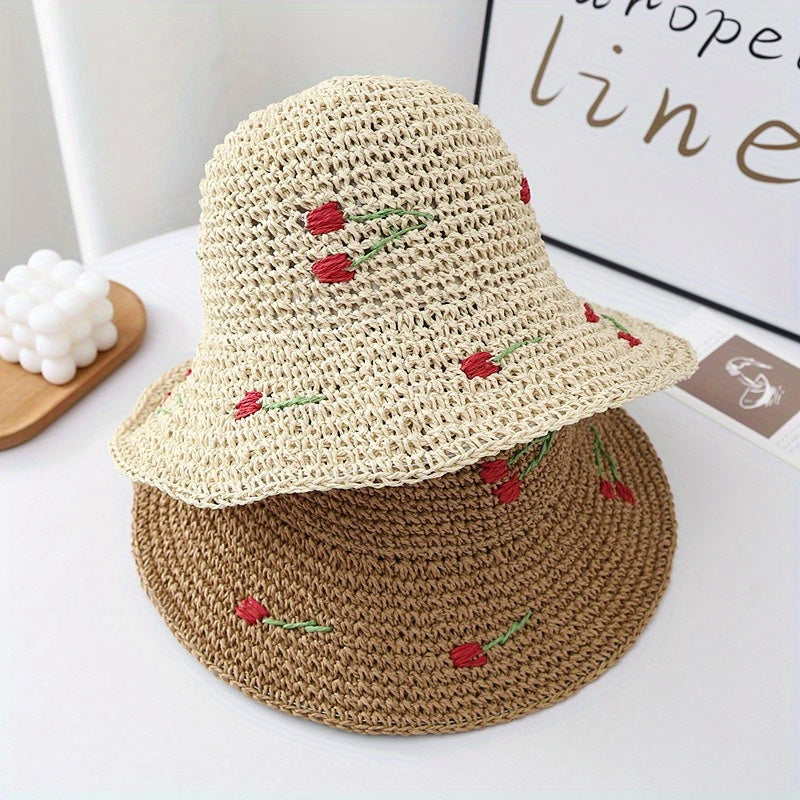 Wave Edge Large Eave Grass Fisherman'S Hat Women'S Summer Cherry Grass Hat Beach Breathable Sunshade Basin Hat