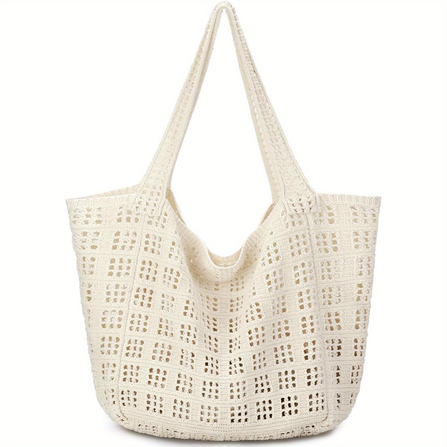 Women'S Crochet Tote Bag - Large Aesthetic Handbag with Pink Bow & Floral Pattern, Nylon Shoulder Bag with Adjustable Strap, White with Blue Accents, Casual Chic Style, Casual Chic Bag | Trendy Handbag | Adjustable Strap Bag