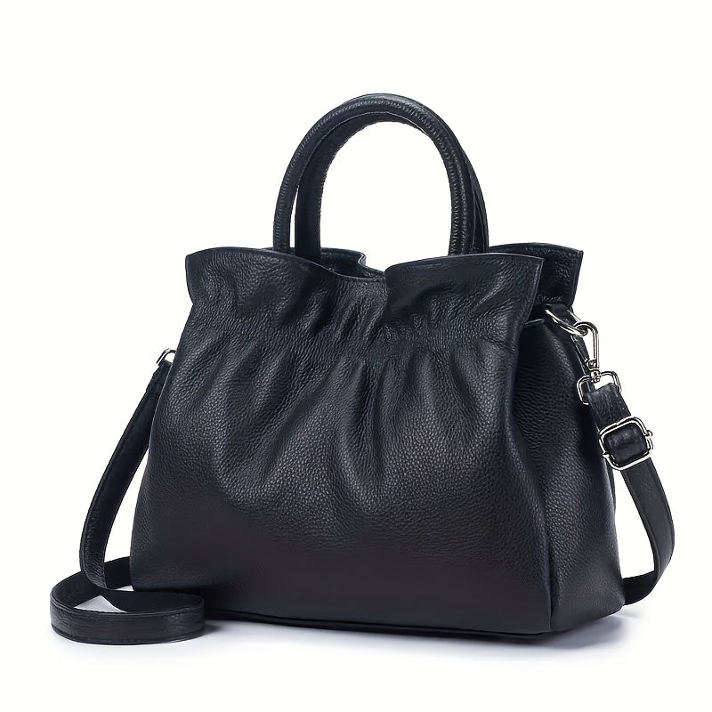 Women's Genuine Leather Tote Bag - Elegant Convertible Crossbody & Shoulder Purse with Secure Zipper Closure, Beige Navy Blue, for Everyday, Office, Formal Events - Women's Elegant Handbag, Polyester Lined Interior