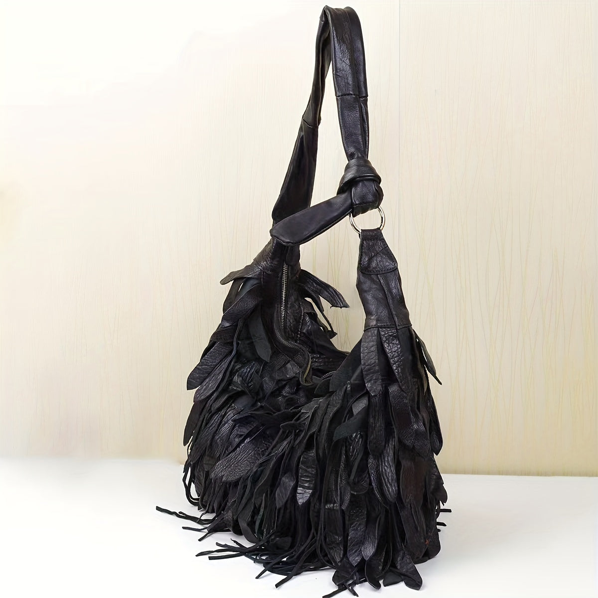 Cross-border Hot-selling Manufacturers Spot Leather Ladies Black Striped Tassels Personality Hobo Bag Shoulder Bag Sheepskin Women's Bag