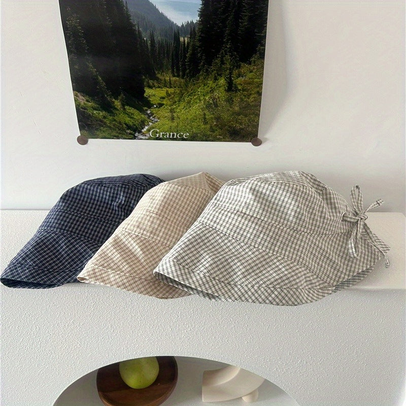 Sweet Navy Blue Plaid Big Brim Hat Ladies Summer Bucket Hat Bow Pot Hat