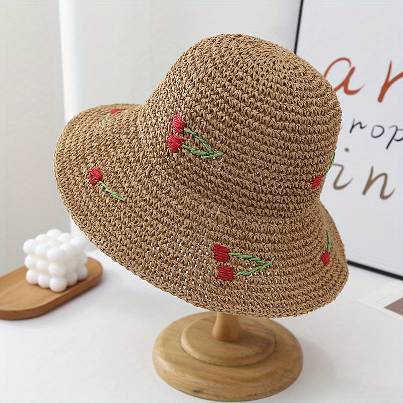 Wave Edge Large Eave Grass Fisherman'S Hat Women'S Summer Cherry Grass Hat Beach Breathable Sunshade Basin Hat