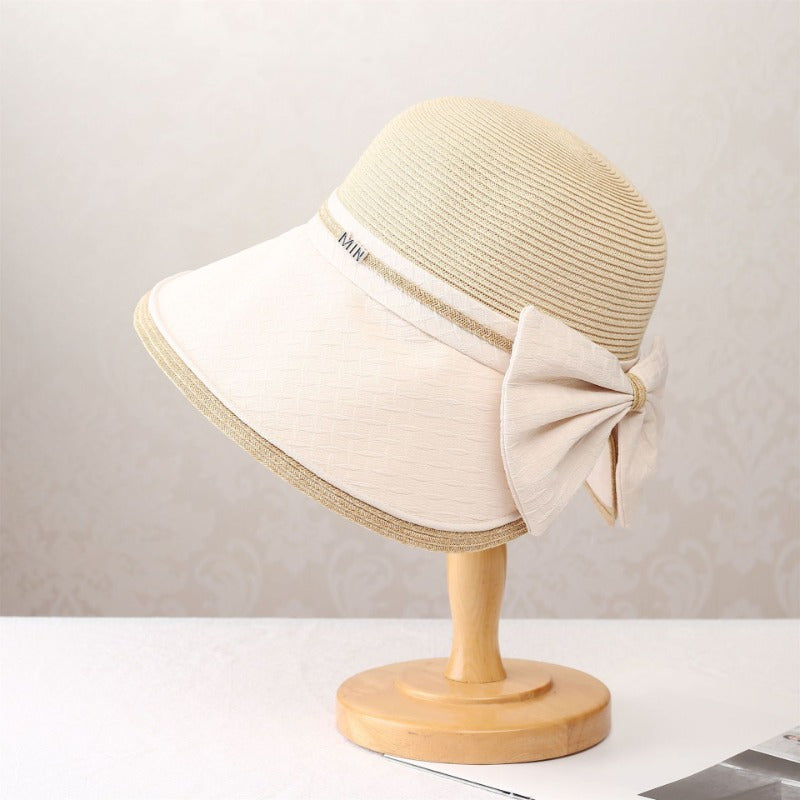 Splicing Grass Fisherman Hat for Women Summer Outdoor and Sunshade Hat Elegant Bow Seaside Folding Sun Hat
