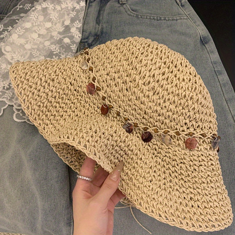 Ethnic Style Seaside Vacation Big Hat Brim Shell Grass Hat Women'S Spring Countryside Style Hollowed Out Sun Shading Fisherman Hat