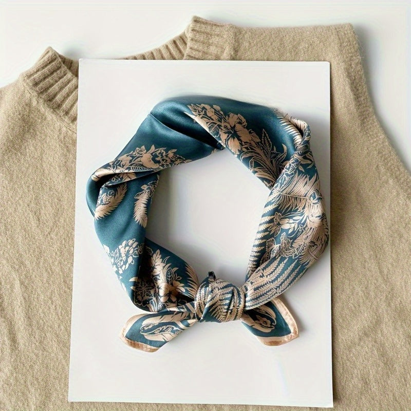 100% Mulberry Silk Scarf, 20.87-inch Blue Tropical Rainforest Print, Elegant Single-Sided Design, Soft and Luxurious, Suitable for Women'S Fashion Accessories