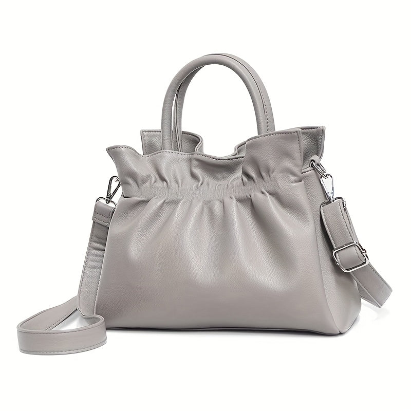 Women's Genuine Leather Tote Bag - Elegant Convertible Crossbody & Shoulder Purse with Secure Zipper Closure, Beige Navy Blue, for Everyday, Office, Formal Events - Women's Elegant Handbag, Polyester Lined Interior