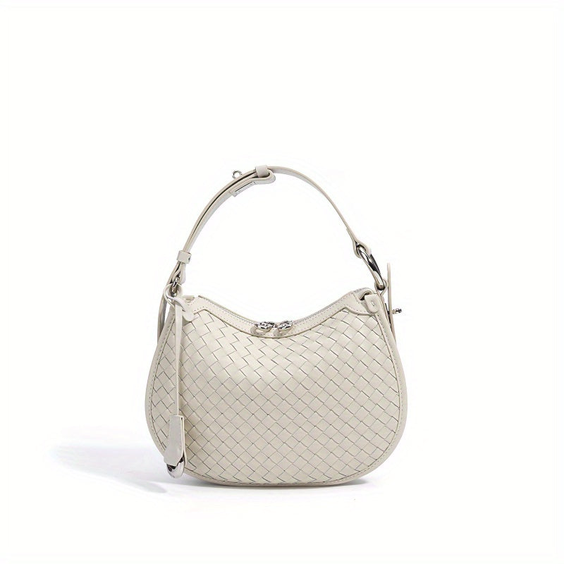 Handmade White Genuine Leather Crescent Moon Crossbody Bag for Women - Adjustable Shoulder Strap, Snap Closure, Minimalist Design for Commuting & Dating, Leather Crossbody Bag, Dating Accessory, Elegant Accessory, Goldtone Hardware, Polished Finish