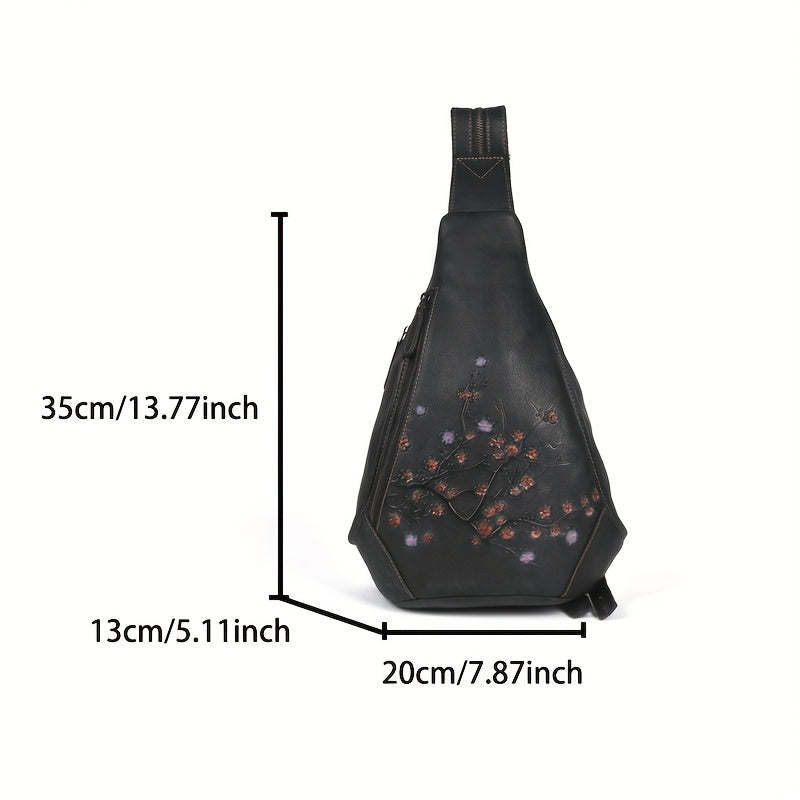 Unisex Retro Genuine Genuine Leather Shoulder Bag with Adjustable Strap - Embossed Animal Print Crossbody Chest Bag, Zipper Closure & Polyester Lining, Black Urban Style for Men & Women