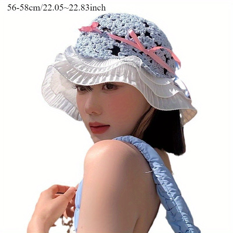 Outdoor Hollowed Out Handmade Bow Fisherman Hat for Women Traveling with A Large Brim That Accentuates The Face and A Small Hat