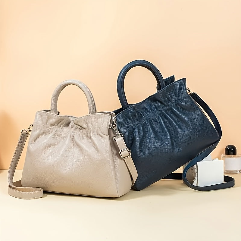 Women's Genuine Leather Tote Bag - Elegant Convertible Crossbody & Shoulder Purse with Secure Zipper Closure, Beige Navy Blue, for Everyday, Office, Formal Events - Women's Elegant Handbag, Polyester Lined Interior