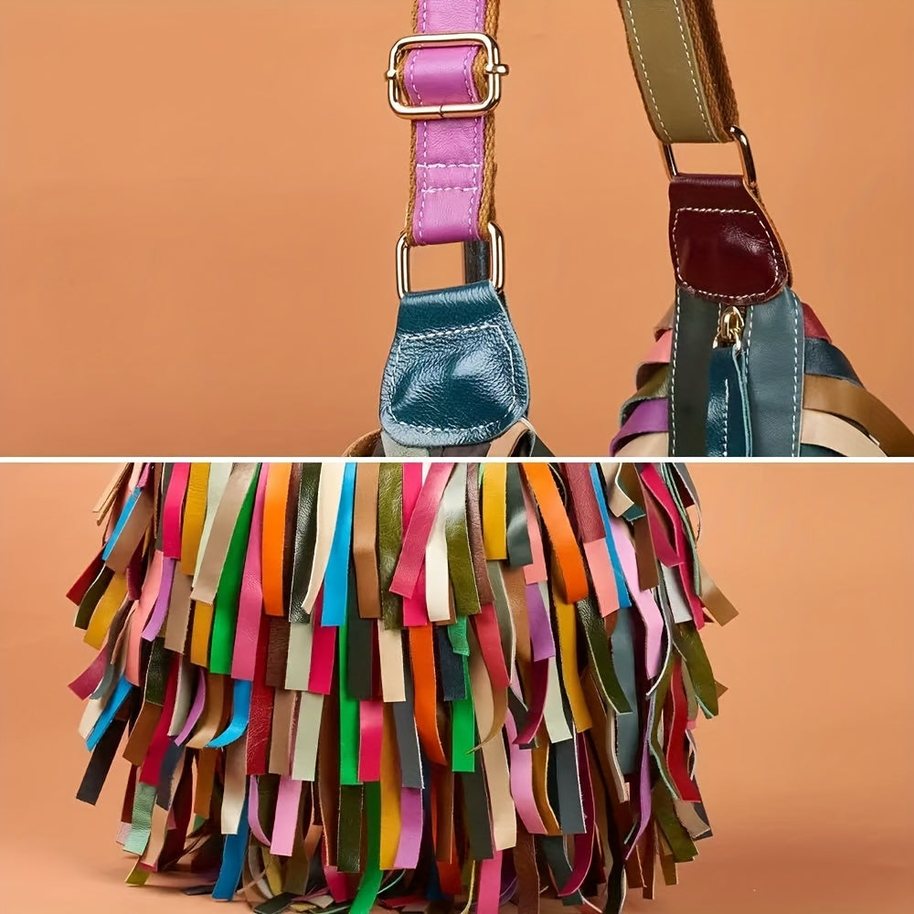 New Women'S Bag Genuine Leather Cowhide Bohemian Retro Fringed Color Contrast One Shoulder Large Capacity Cross Bag