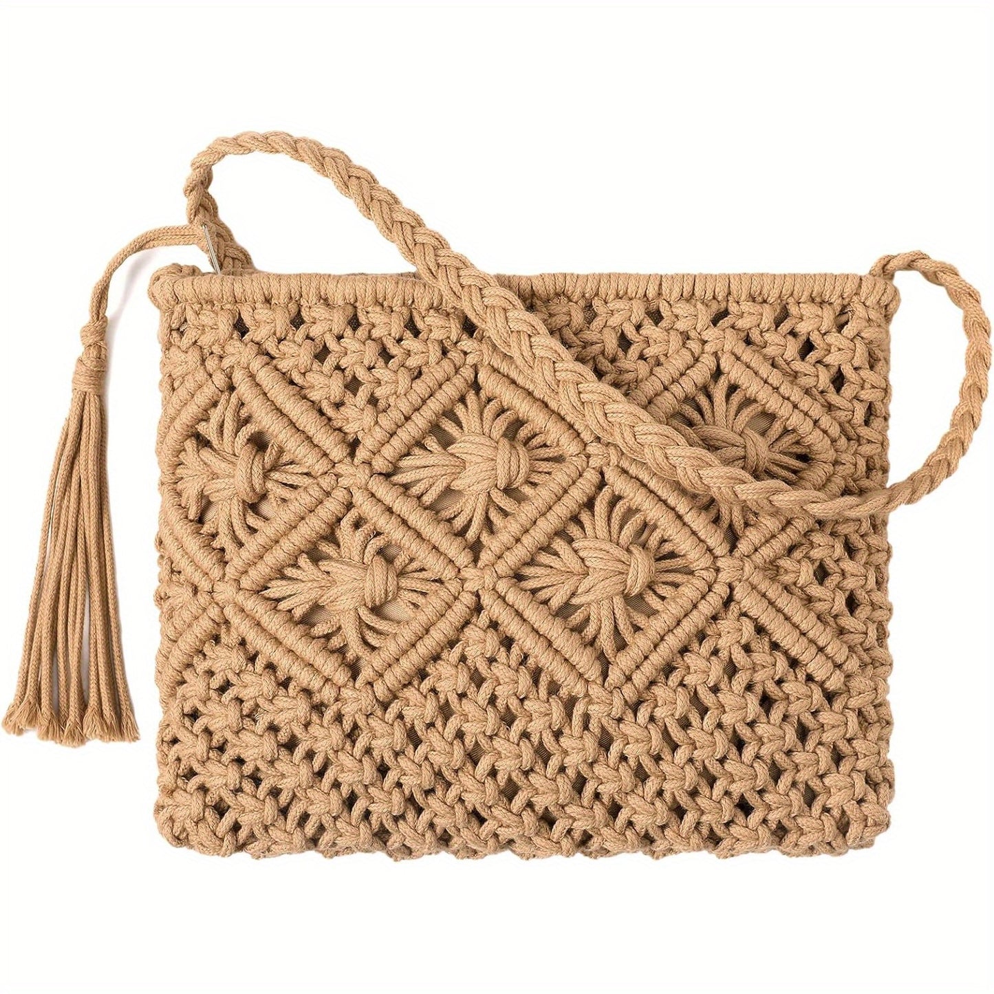 Boho Chic Crochet Crossbody Bag for Women - Woven Nylon Summer Purse with Tassel Fringe, Snap Closure & Oil-Edged Trim, White Handbag for Casual Outings & Festivals