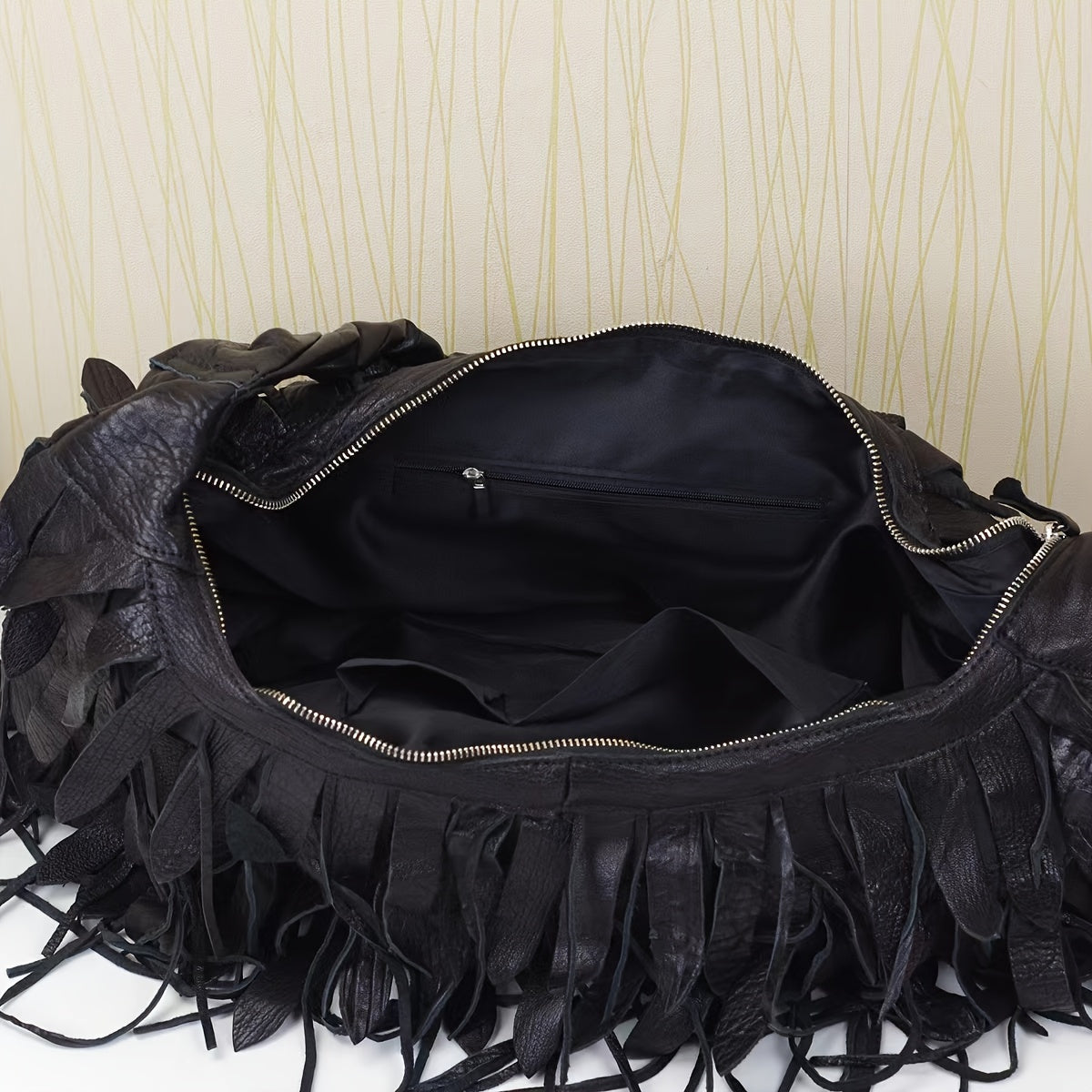 Cross-border Hot-selling Manufacturers Spot Leather Ladies Black Striped Tassels Personality Hobo Bag Shoulder Bag Sheepskin Women's Bag