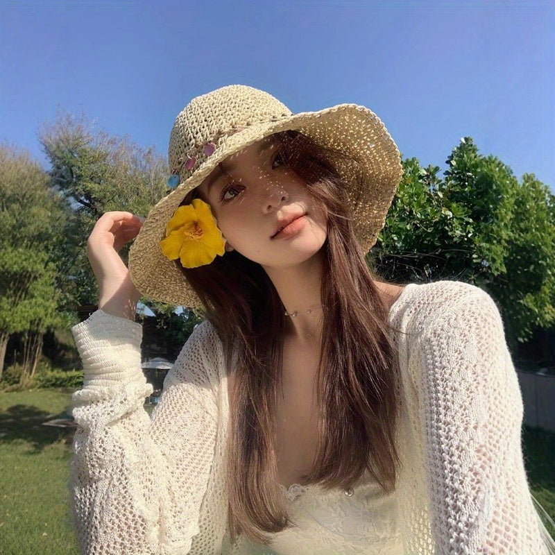 Ethnic Style Seaside Vacation Big Hat Brim Shell Grass Hat Women'S Spring Countryside Style Hollowed Out Sun Shading Fisherman Hat