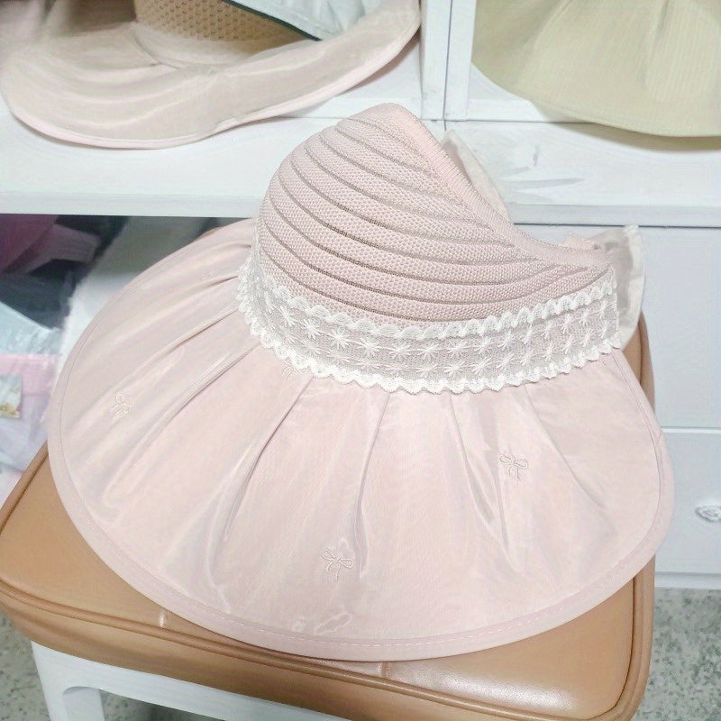 Summer Wide Brim Sun Hat with Lace Detail - Lightweight & Breathable Polyester, Open Top Design for Women, Perfect for Beach, Outdoor Activities & Gardening, Beach Hat
