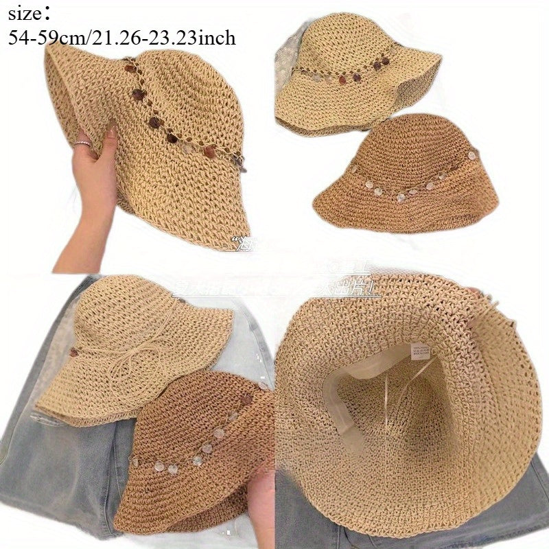 Ethnic Style Seaside Vacation Big Hat Brim Shell Grass Hat Women'S Spring Countryside Style Hollowed Out Sun Shading Fisherman Hat