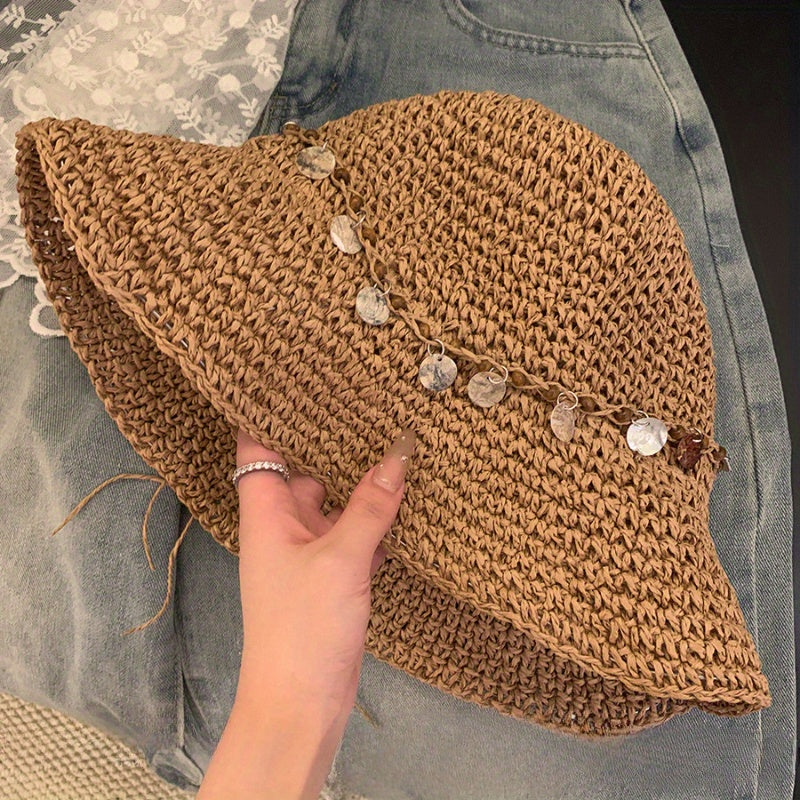 Ethnic Style Seaside Vacation Big Hat Brim Shell Grass Hat Women'S Spring Countryside Style Hollowed Out Sun Shading Fisherman Hat