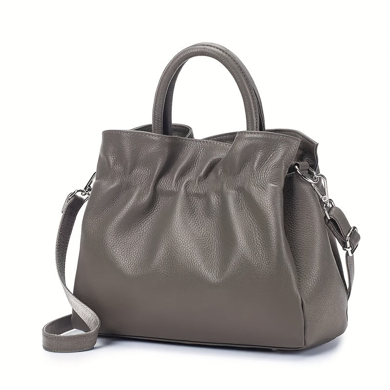 Women's Genuine Leather Tote Bag - Elegant Convertible Crossbody & Shoulder Purse with Secure Zipper Closure, Beige Navy Blue, for Everyday, Office, Formal Events - Women's Elegant Handbag, Polyester Lined Interior