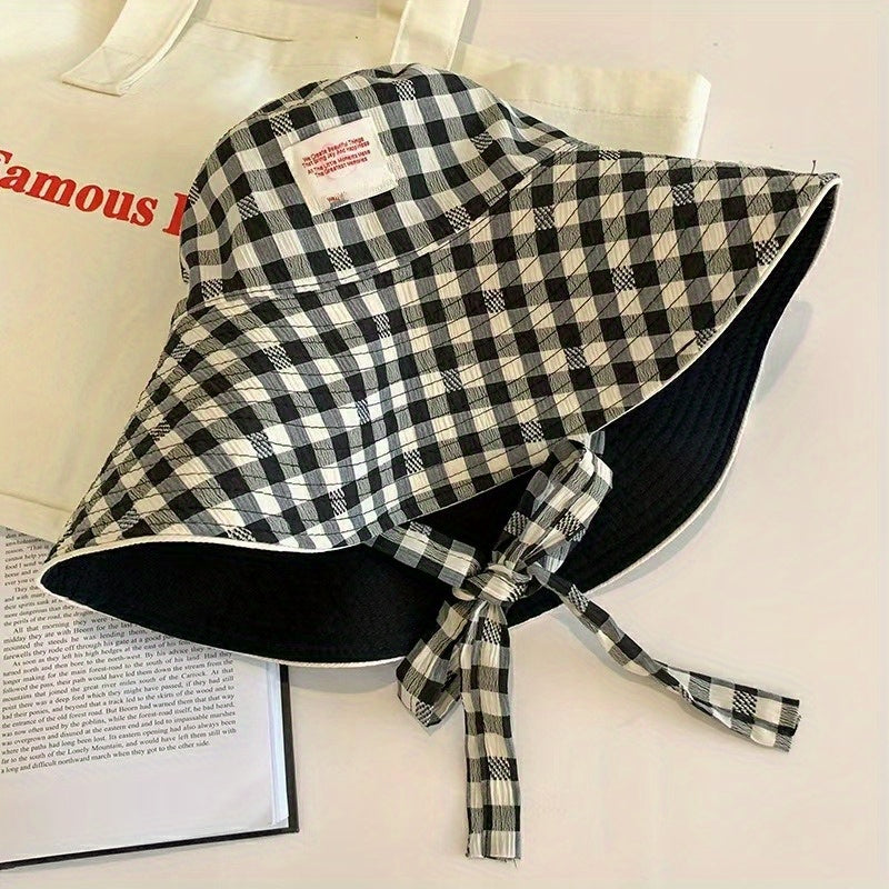 Grid Wide Edge Lace Up Fisherman Hat for Women Summer Big Brim Face Enhancing Small Sun Hat Hat Basin Hat
