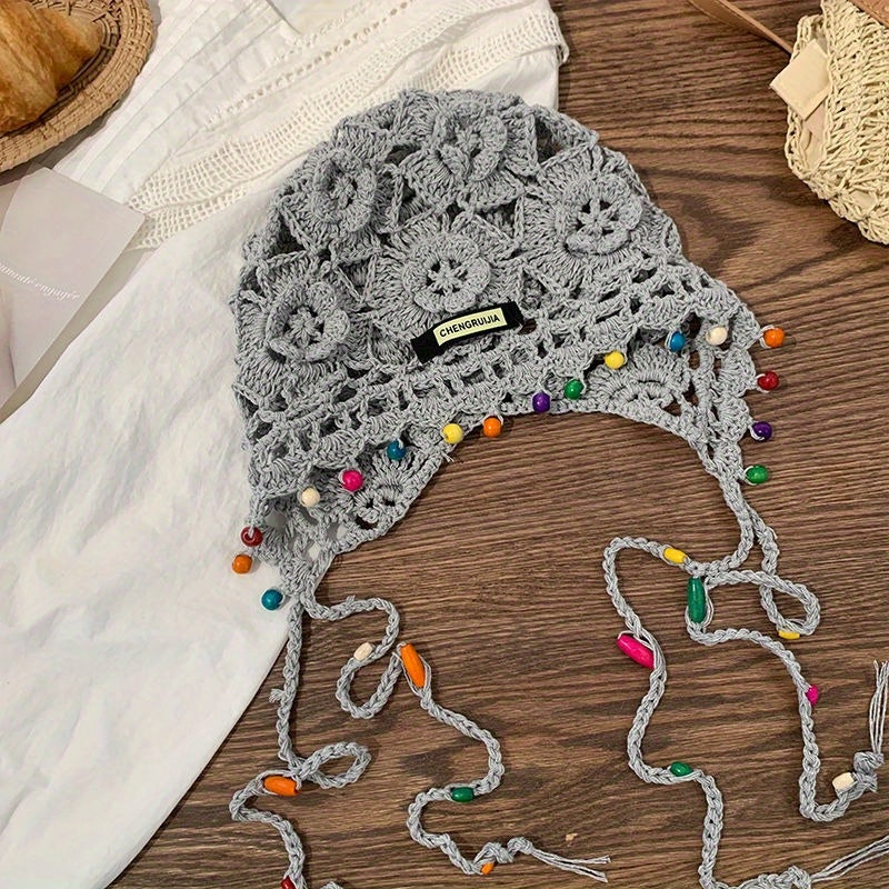 Handmade Bohemian Flower Tassel Headscarf Hat for Women - Ethnic Retro Snug Fit Non-Stretch Cap with Beaded Accents, Casual Festival Outdoor Accessory