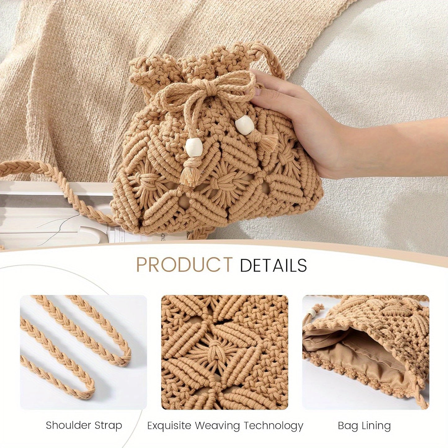 Boho Chic Crochet Crossbody Bag for Women - Woven Nylon Summer Purse with Tassel Fringe, Snap Closure & Oil-Edged Trim, White Handbag for Casual Outings & Festivals