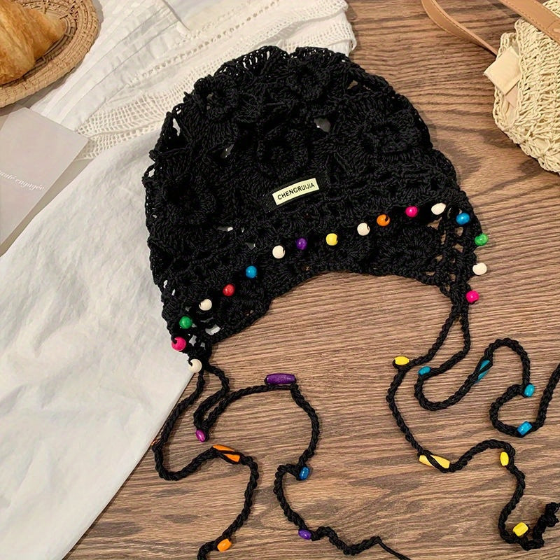 Handmade Bohemian Flower Tassel Headscarf Hat for Women - Ethnic Retro Snug Fit Non-Stretch Cap with Beaded Accents, Casual Festival Outdoor Accessory