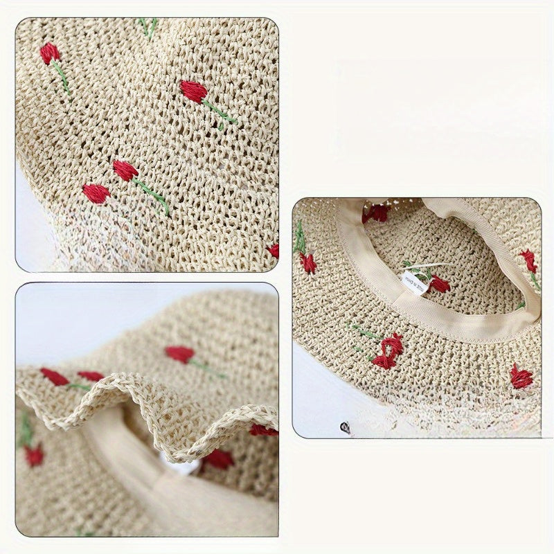 Wave Edge Large Eave Grass Fisherman'S Hat Women'S Summer Cherry Grass Hat Beach Breathable Sunshade Basin Hat