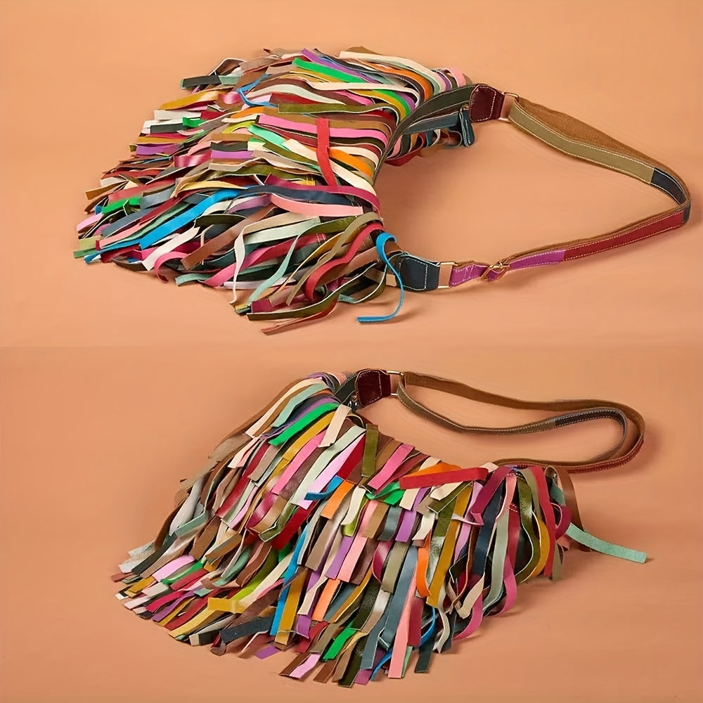 New Women'S Bag Genuine Leather Cowhide Bohemian Retro Fringed Color Contrast One Shoulder Large Capacity Cross Bag