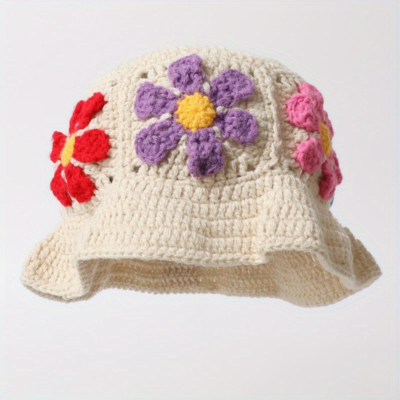 Women'S Retro Hollowed-Out Flower Basin Hat - Hand Bucket Hat with Colorful Embroidery, Jacquard Weave for Beach & Outdoor Activities, Beach Hat